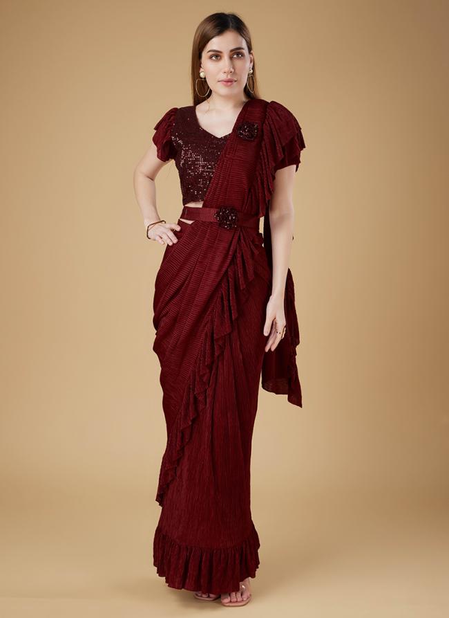 Imported Crush Maroon Party Wear Sequence Embroidered Ready To Wear Saree